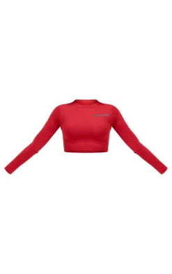Cherry Red PLT Studio Archive Puff Print Cotton Long Sleeve Crop Top