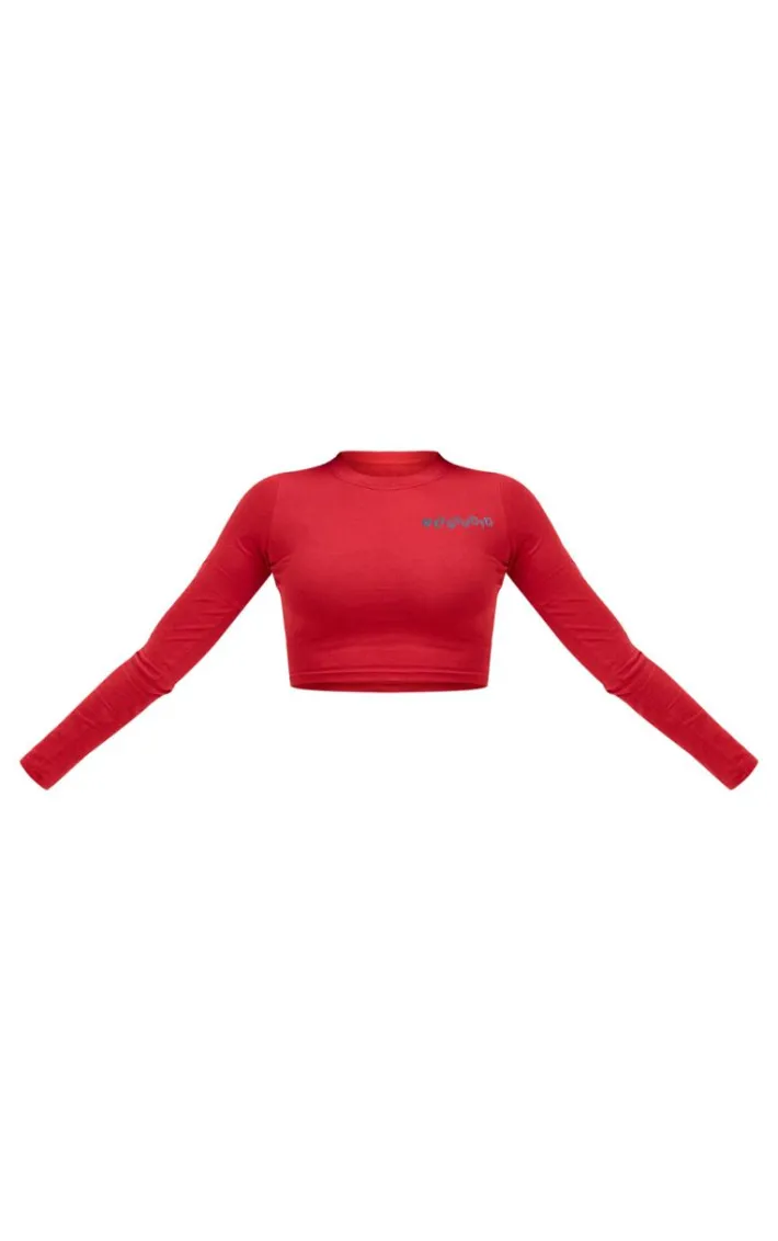Cherry Red PLT Studio Archive Puff Print Cotton Long Sleeve Crop Top