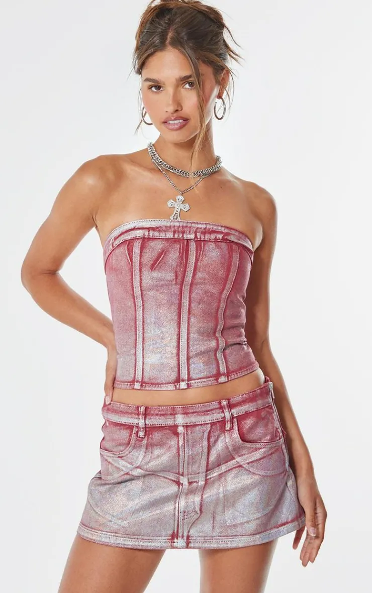 New PrettyLittleThing Silver Metallic Foil Effect Denim Micro Mini Skirt Cherry Red