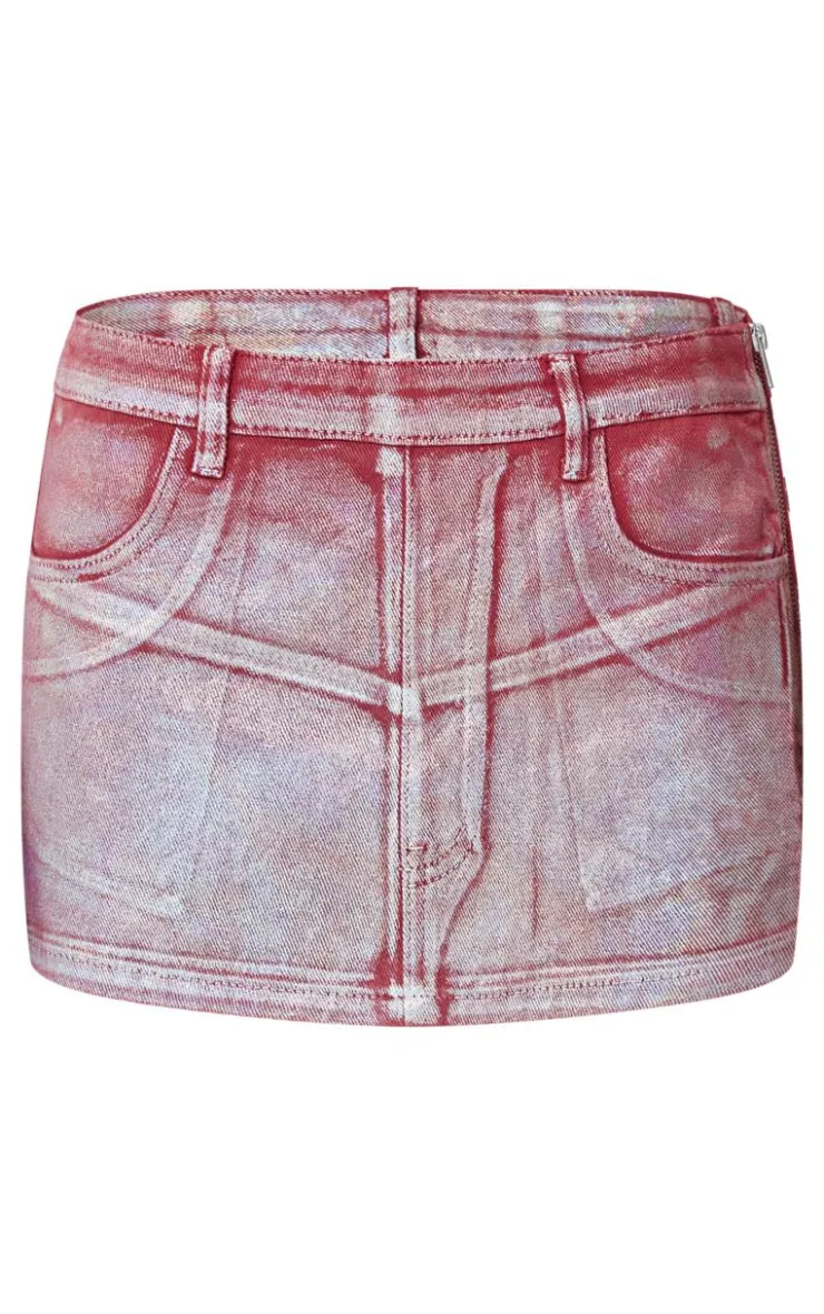 New PrettyLittleThing Silver Metallic Foil Effect Denim Micro Mini Skirt Cherry Red