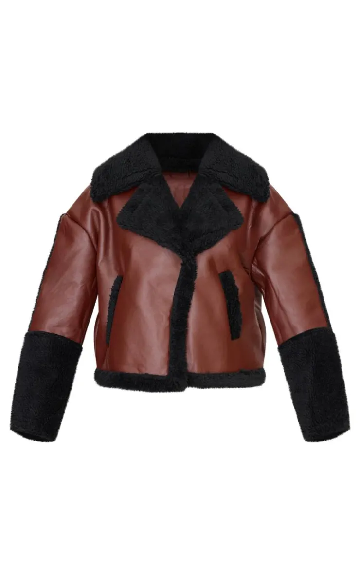 PrettyLittleThing Faux Leather Jackets*And Black Borg Trim Faux Leather Coat