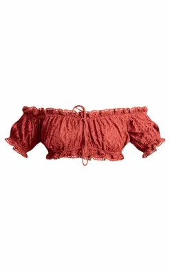 Chocolate Broderie Anglaise Bardot Puff Sleeve Crop Top