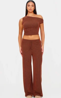 Outlet PrettyLittleThing Two Tone Crinkle Rib Slouchy Fit Pants Chocolate Brown