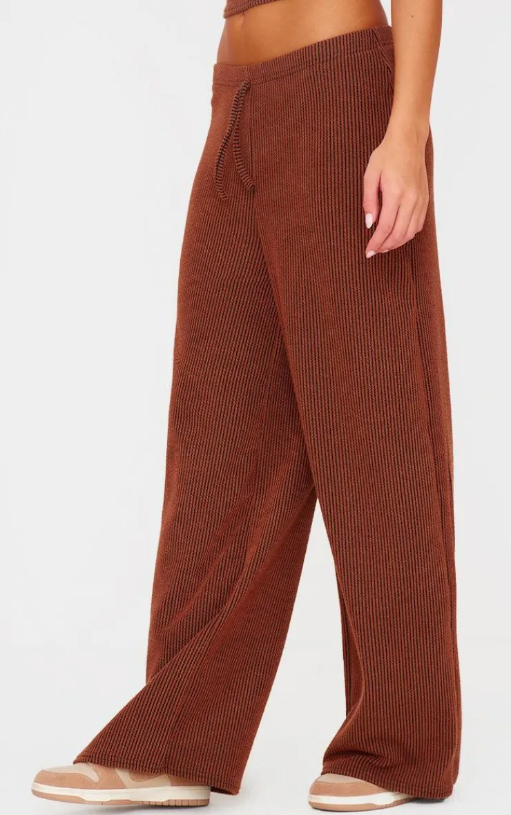 Outlet PrettyLittleThing Two Tone Crinkle Rib Slouchy Fit Pants Chocolate Brown