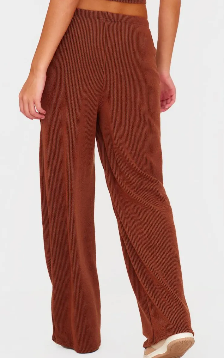 Outlet PrettyLittleThing Two Tone Crinkle Rib Slouchy Fit Pants Chocolate Brown