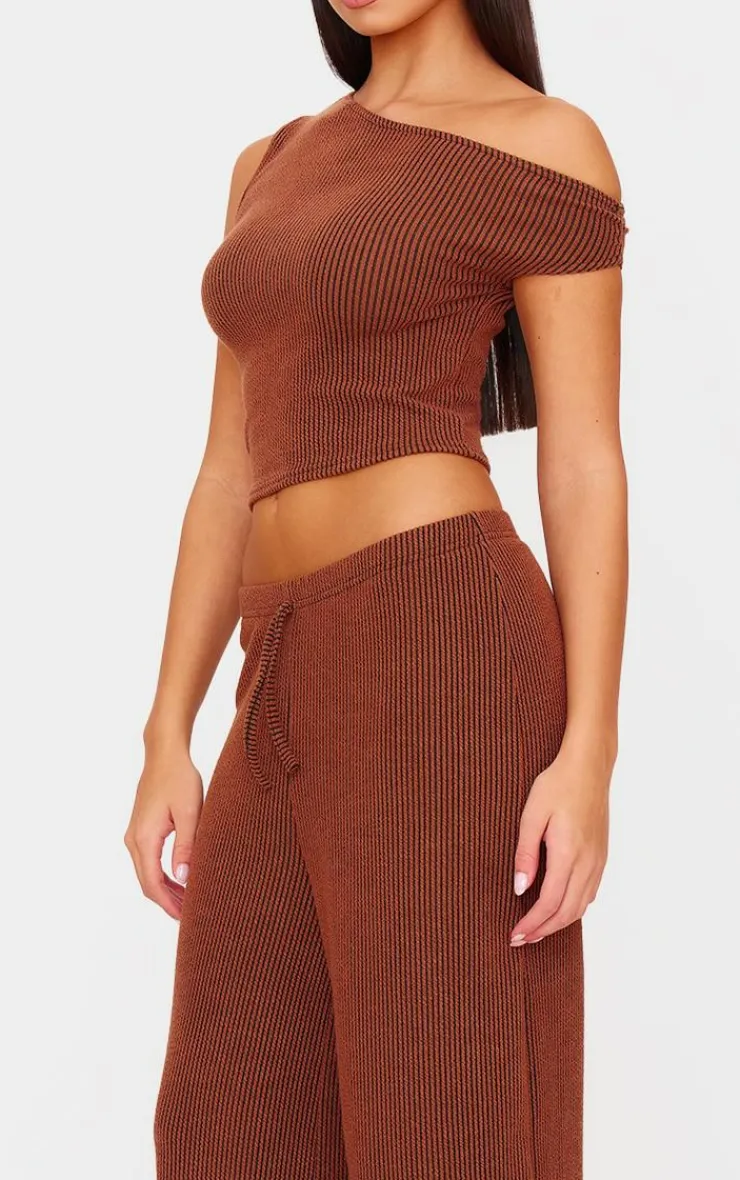 Outlet PrettyLittleThing Two Tone Crinkle Rib Slouchy Fit Pants Chocolate Brown