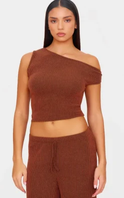 Sale PrettyLittleThing Two Tone Crinkle Rib Off Shoulder Top Chocolate Brown