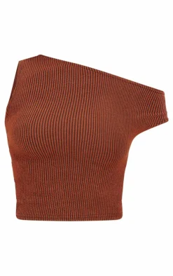 Sale PrettyLittleThing Two Tone Crinkle Rib Off Shoulder Top Chocolate Brown