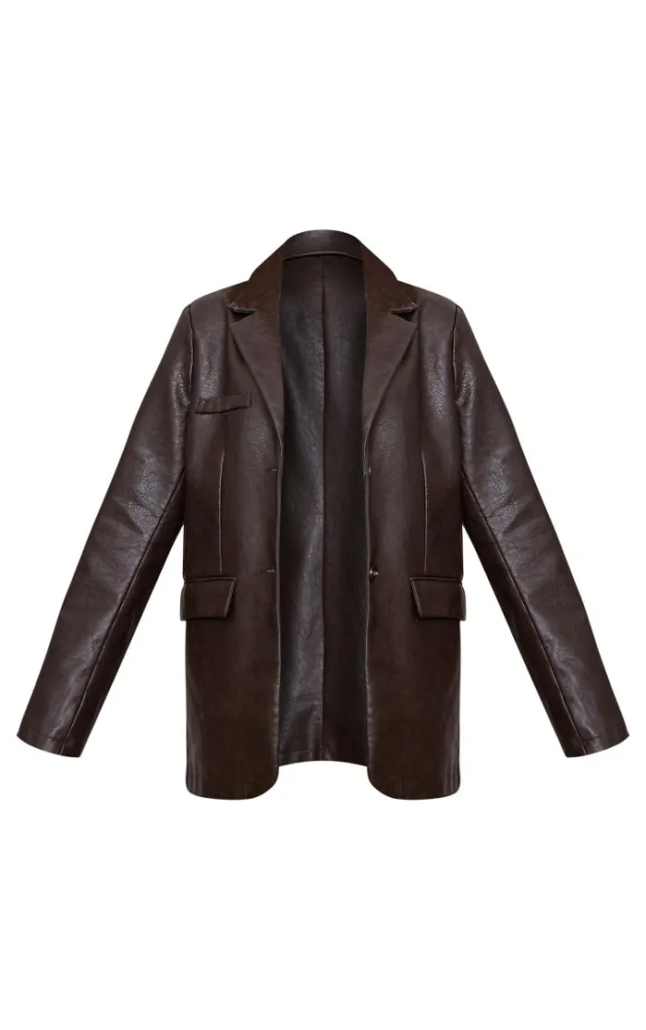 Chocolate Brown Washed PU Pocket Oversized Blazer