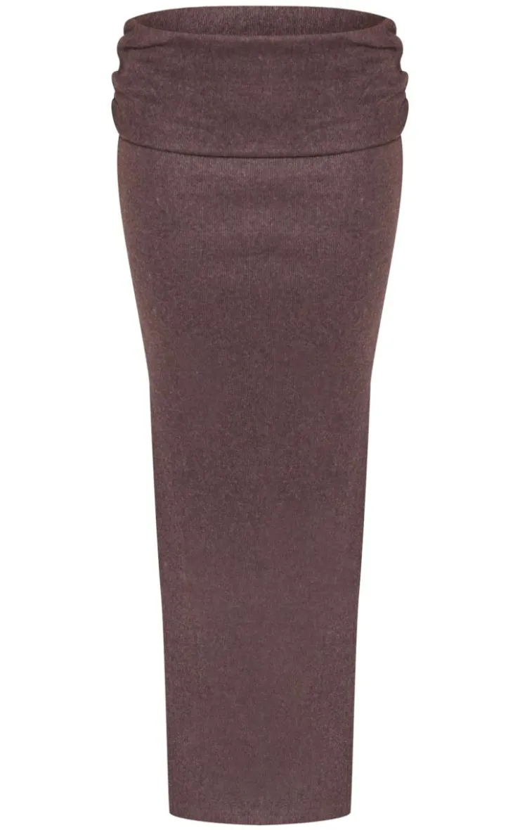 Outlet PrettyLittleThing Brushed Rib Ruched Detail Foldover Maxi Skirt Chocolate