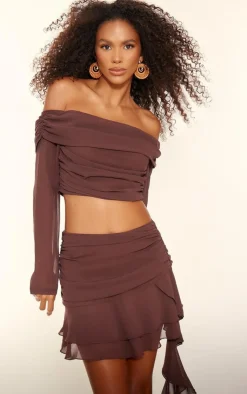 PrettyLittleThing Chiffon Ruffled Draped Detail Mini Skirt Chocolate