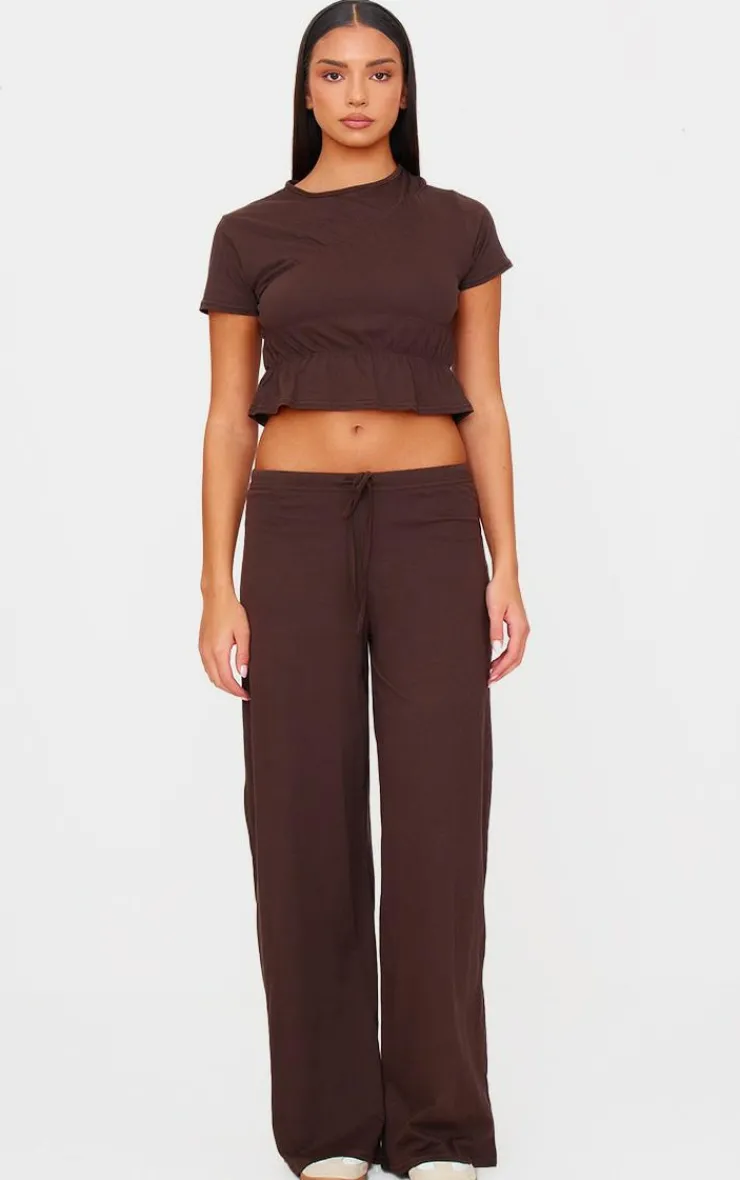 Outlet PrettyLittleThing Cotton Ruched Detail Crop Top Chocolate
