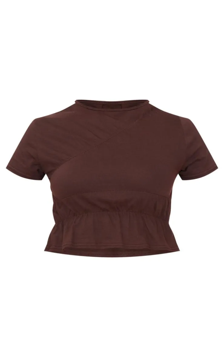 Outlet PrettyLittleThing Cotton Ruched Detail Crop Top Chocolate
