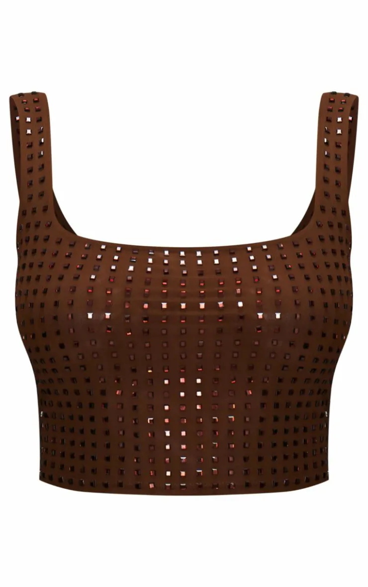 Outlet PrettyLittleThing Diamante Double Layer Mesh Scooped Back Cami Top Chocolate