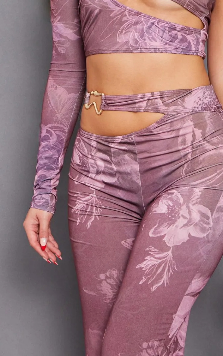 Discount PrettyLittleThing Floral Slinky Cut Out Wide Leg Pants Chocolate