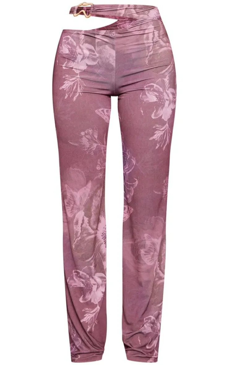 Discount PrettyLittleThing Floral Slinky Cut Out Wide Leg Pants Chocolate
