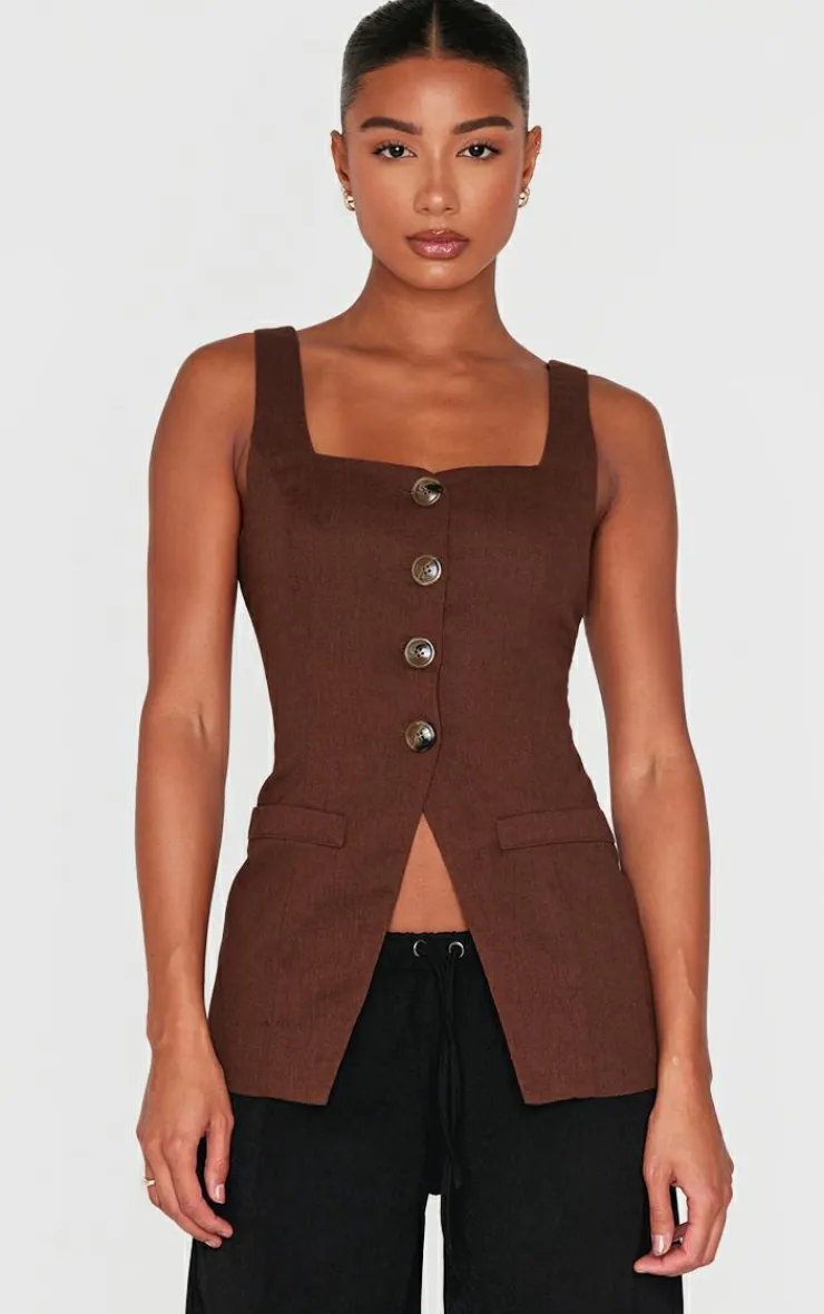 PrettyLittleThing Thanksgiving Outfits*Chocolate Longline Square Neck Vest