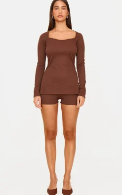 Best PrettyLittleThing Chocolate Ottoman Ribbed Hot Pants Chocolate.