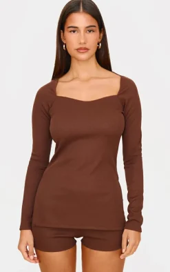 Outlet PrettyLittleThing Chocolate Ottoman Ribbed Detail Long Sleeve Top Chocolate.