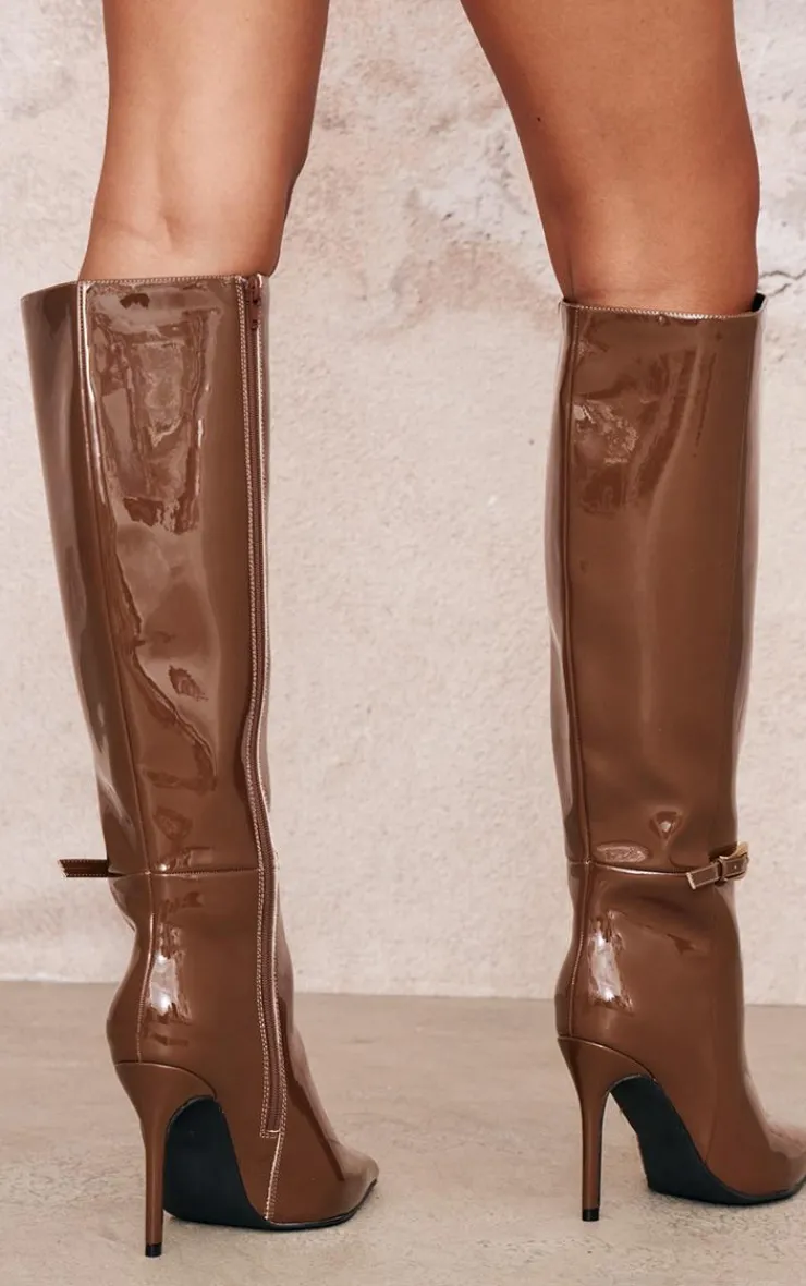 PrettyLittleThing Wide Fit Boots*Chocolate Patent PU Wide Fit Point Toe Knee High Stiletto Heeled Boots