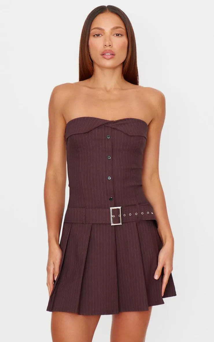 Pinstripe Tailored Bandeau Belt Pleated Shift Dress-PrettyLittleThing New