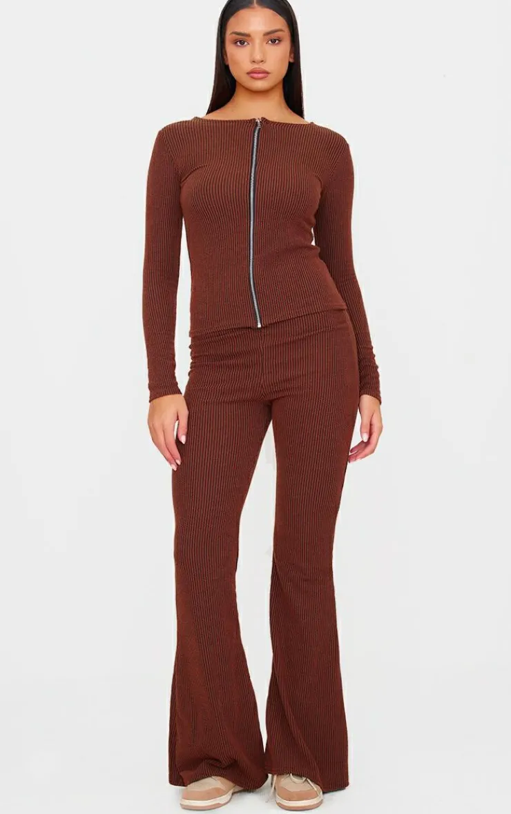Outlet PrettyLittleThing Rib Longline Zip Up Top Chocolate