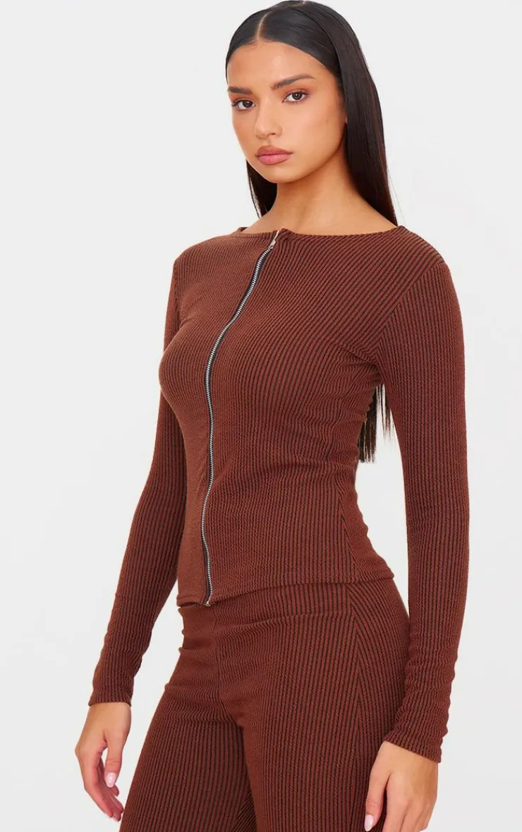 Outlet PrettyLittleThing Rib Longline Zip Up Top Chocolate