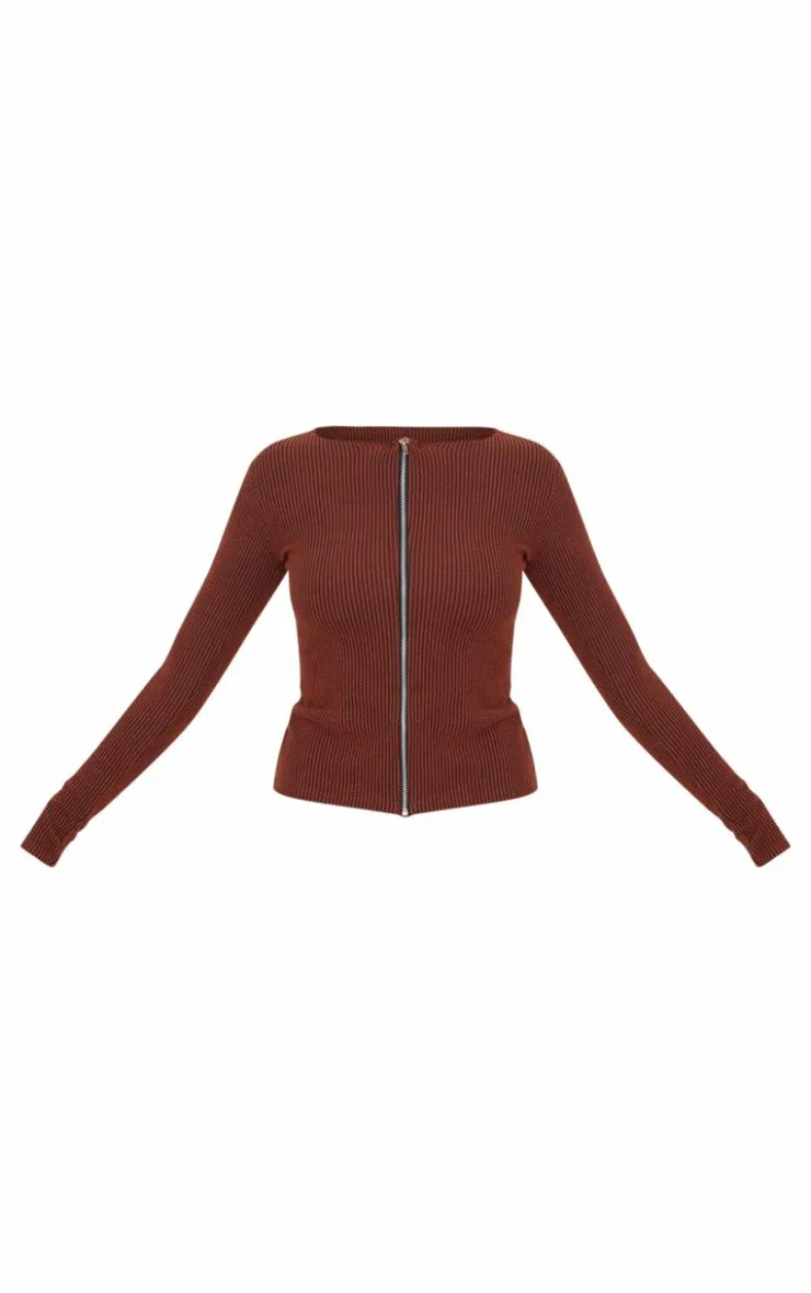 Outlet PrettyLittleThing Rib Longline Zip Up Top Chocolate
