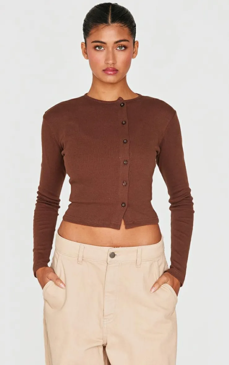 PrettyLittleThing Christmas Shop*Chocolate Ribbed Aysmmetric Button Down Fitted Long Sleeve Top