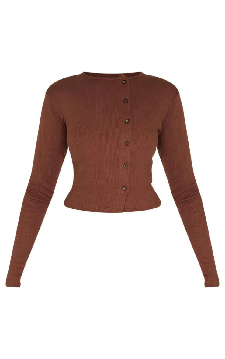 PrettyLittleThing Christmas Shop*Chocolate Ribbed Aysmmetric Button Down Fitted Long Sleeve Top
