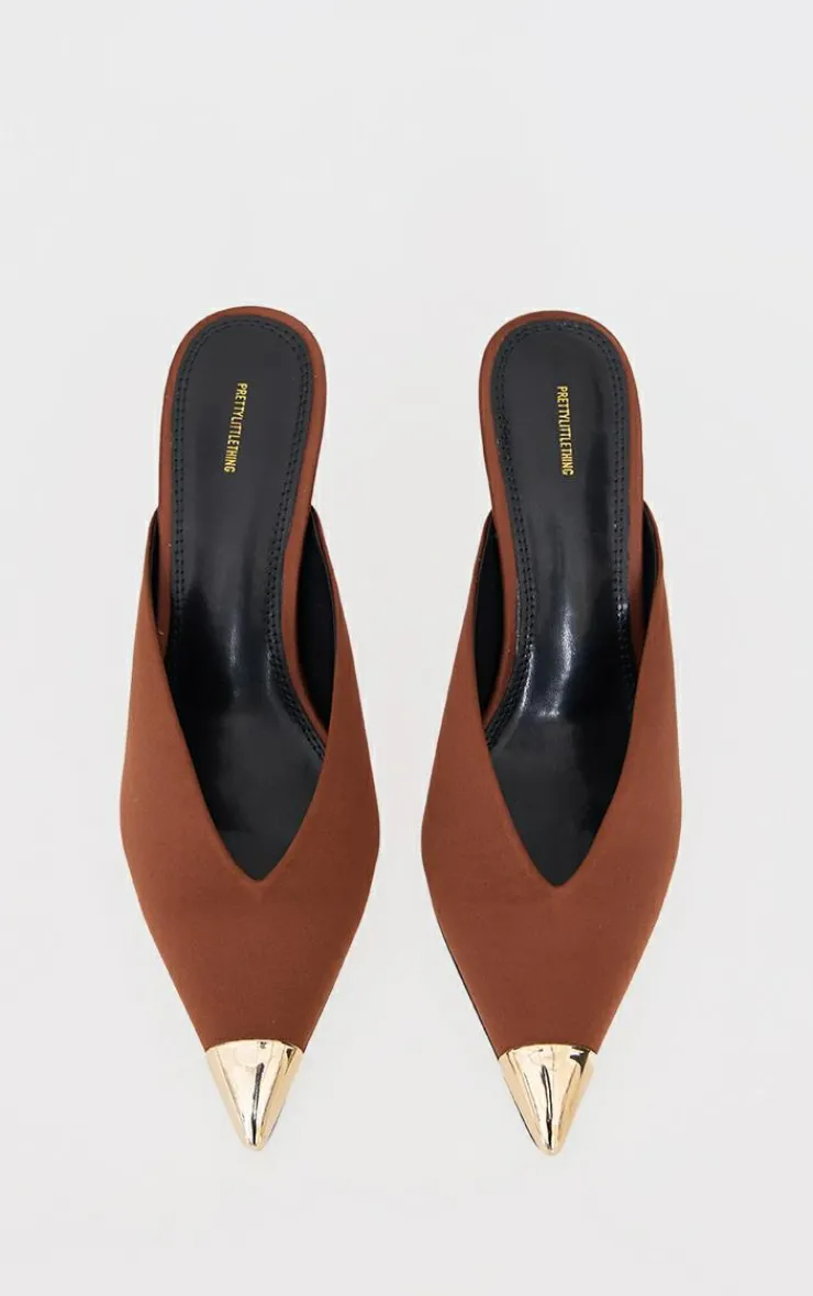 PrettyLittleThing Mules*Chocolate Satin Gold Toe Cap Point Toe Heeled Mules