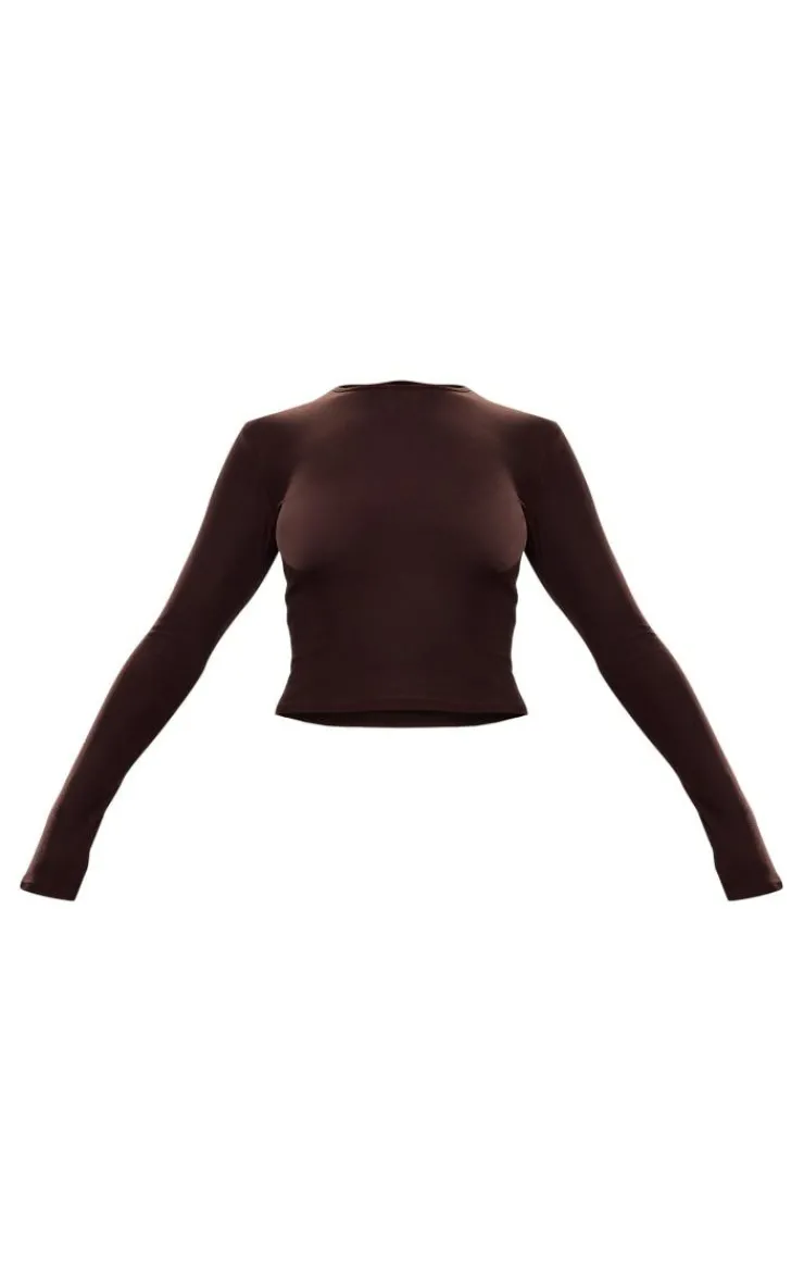 Discount PrettyLittleThing Soft Touch Longline Sleeve Top Chocolate