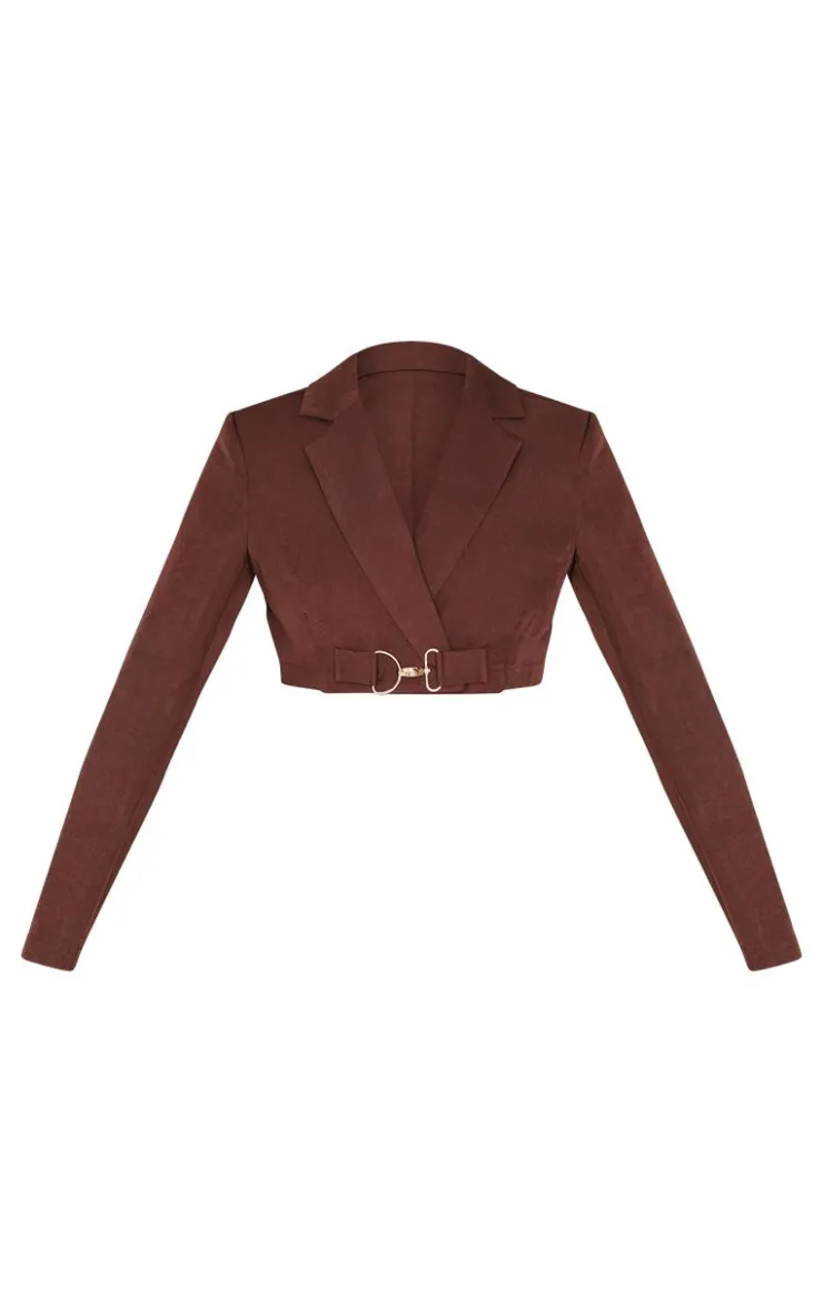 Clearance PrettyLittleThing Tailored Woven Buckle Detail Cropped Blazer Chocolate