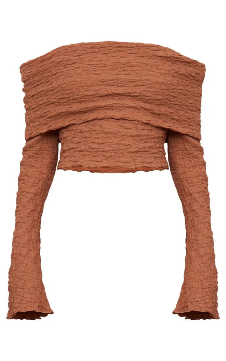 Best PrettyLittleThing Chocolate Textured Fold Over Long Sleeve Top Chocolate.