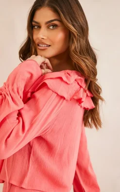 PrettyLittleThing Cheesecloth Ruffle Trim Floaty Blouse Coral