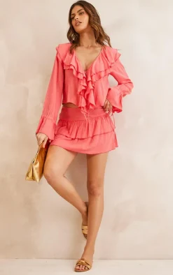 PrettyLittleThing Cheesecloth Ruffle Trim Floaty Blouse Coral