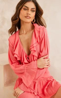 PrettyLittleThing Cheesecloth Ruffle Trim Floaty Blouse Coral