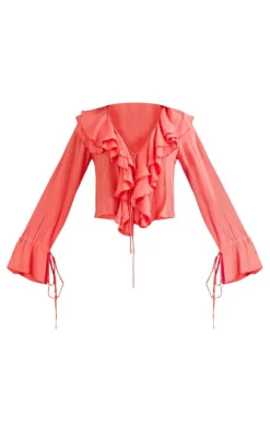 PrettyLittleThing Cheesecloth Ruffle Trim Floaty Blouse Coral