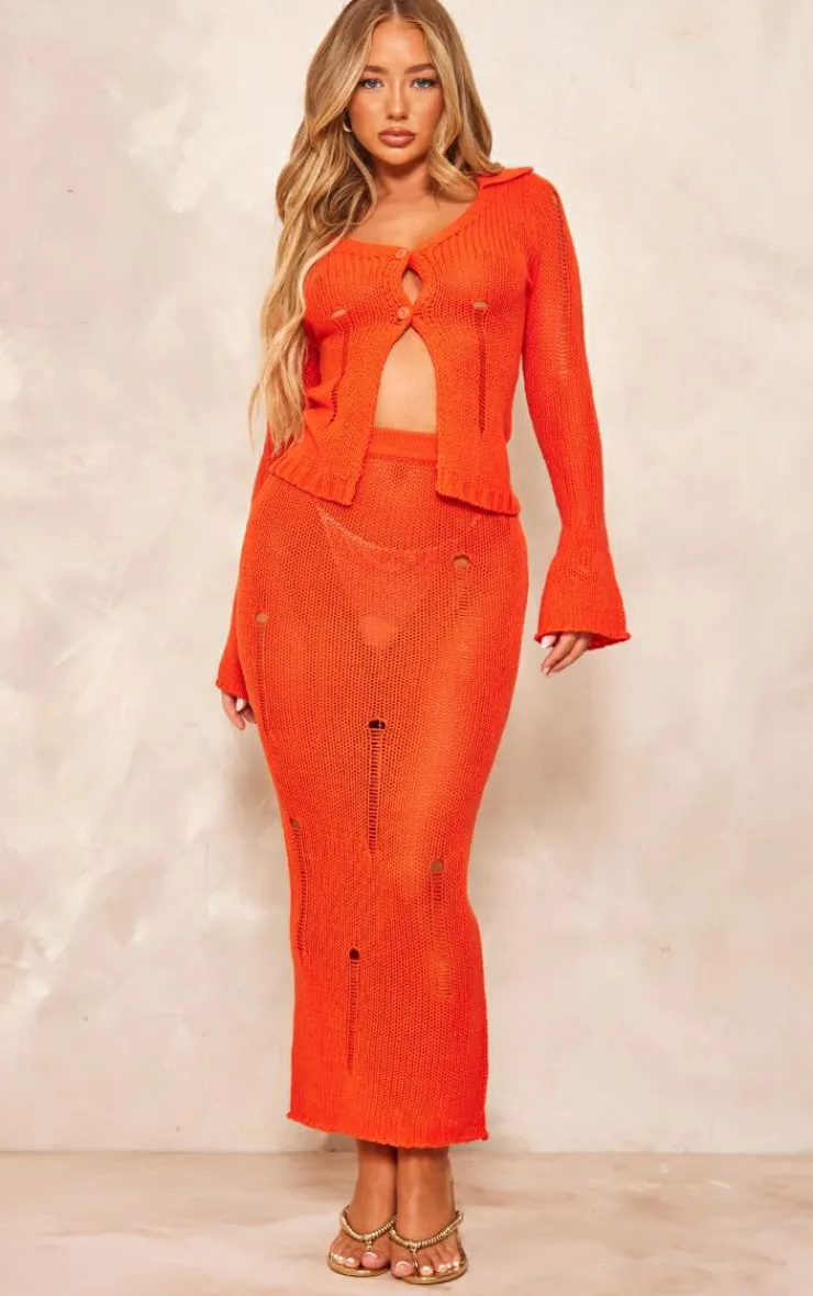 New PrettyLittleThing Distressed Knit Maxi Skirt Coral