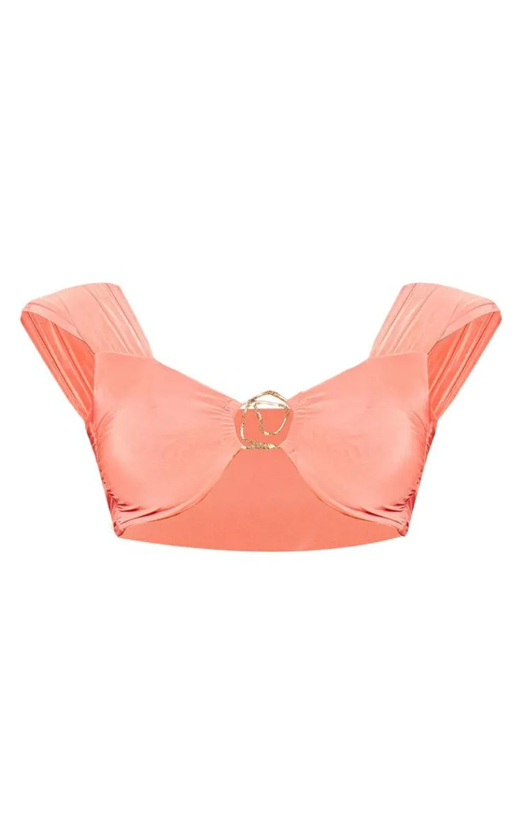 New PrettyLittleThing Double Layer Slinky Trim Detail Capped Sleeve Crop Top Coral