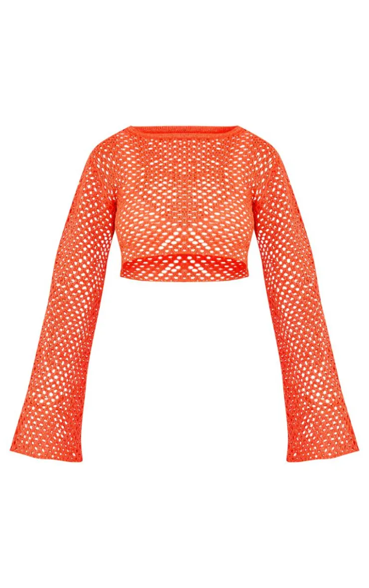 PrettyLittleThing Open Crochet Glitter Flared Sleeve Crop Top Coral
