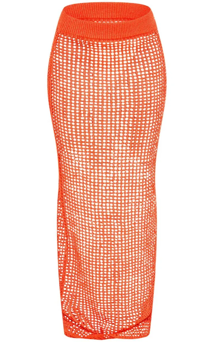 Online PrettyLittleThing Open Crochet Glitter Knit Maxi Skirt Coral