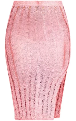 Online PrettyLittleThing Sequin Knit Split Midi Skirt Coral