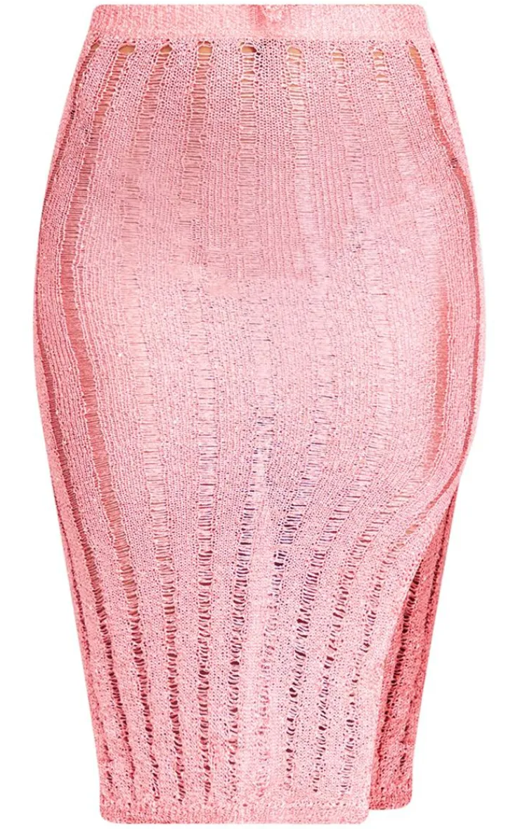 Online PrettyLittleThing Sequin Knit Split Midi Skirt Coral