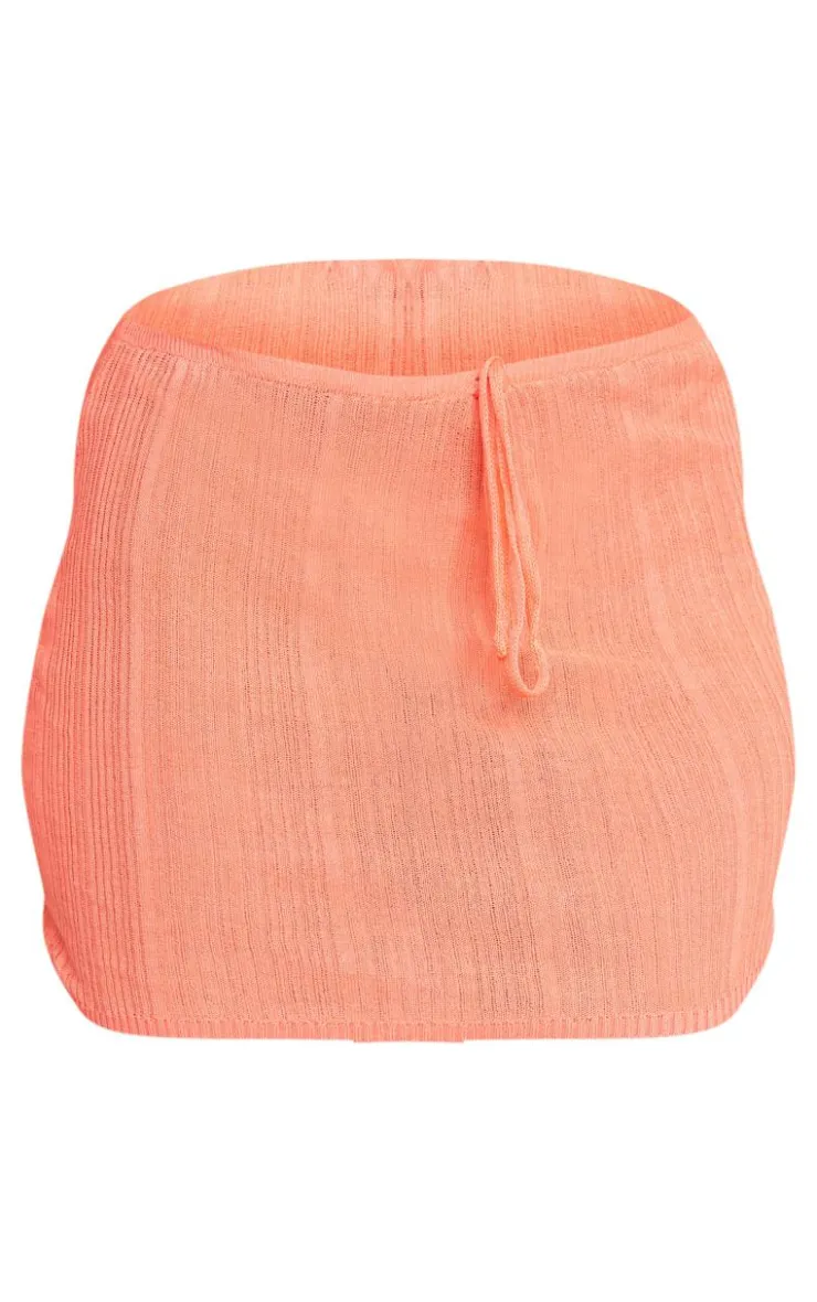 Discount PrettyLittleThing Sheer Textured Knit Tie Waist Mini Skirt Coral