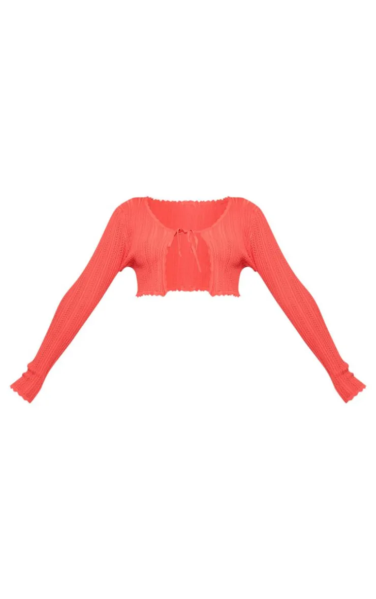 New PrettyLittleThing Textured Crochet Knit Tie Front Top Coral