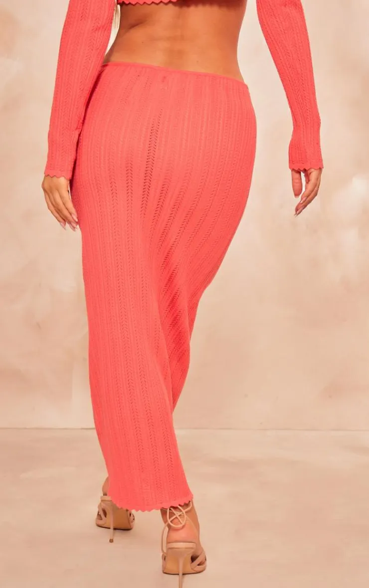 Discount PrettyLittleThing Textured Crochet Knit Maxi Skirt Coral