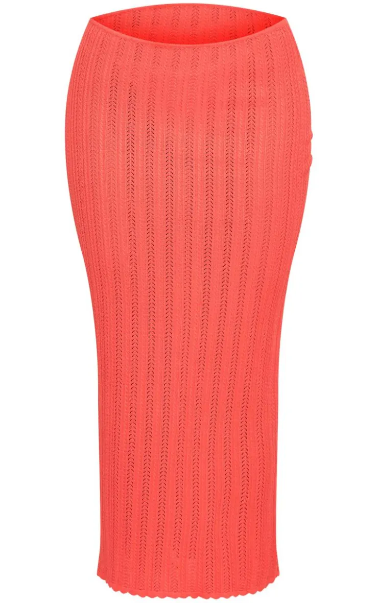 Discount PrettyLittleThing Textured Crochet Knit Maxi Skirt Coral
