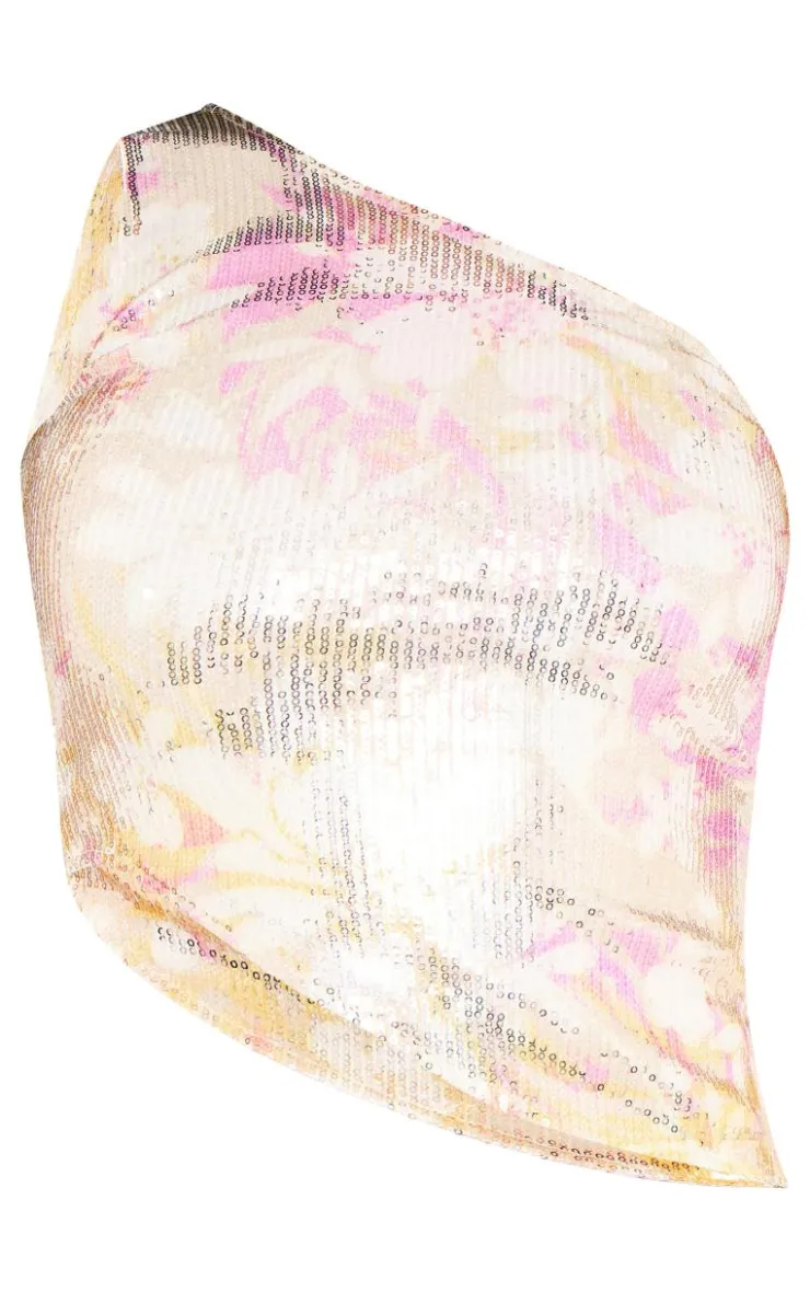 New PrettyLittleThing Abstract Printed Sequin One Shoulder Asymmetric Top Cream