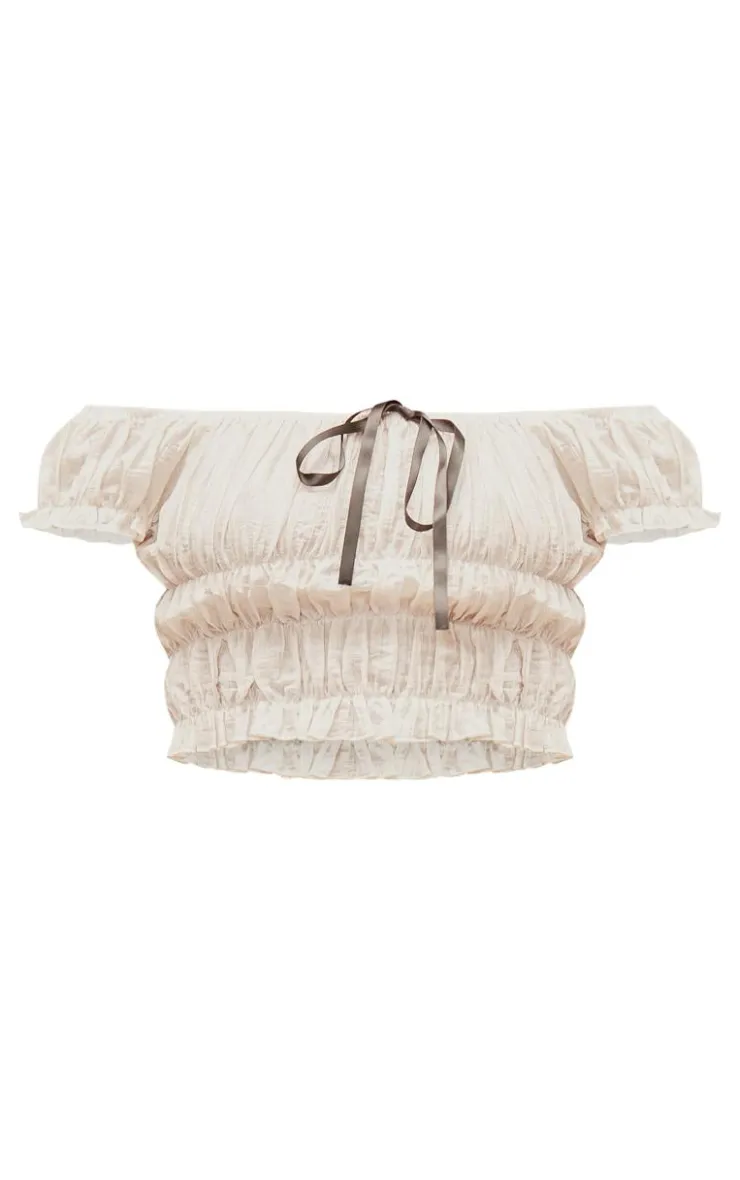 PrettyLittleThing Bardot Shirred Bow Detail Crop Top Cream